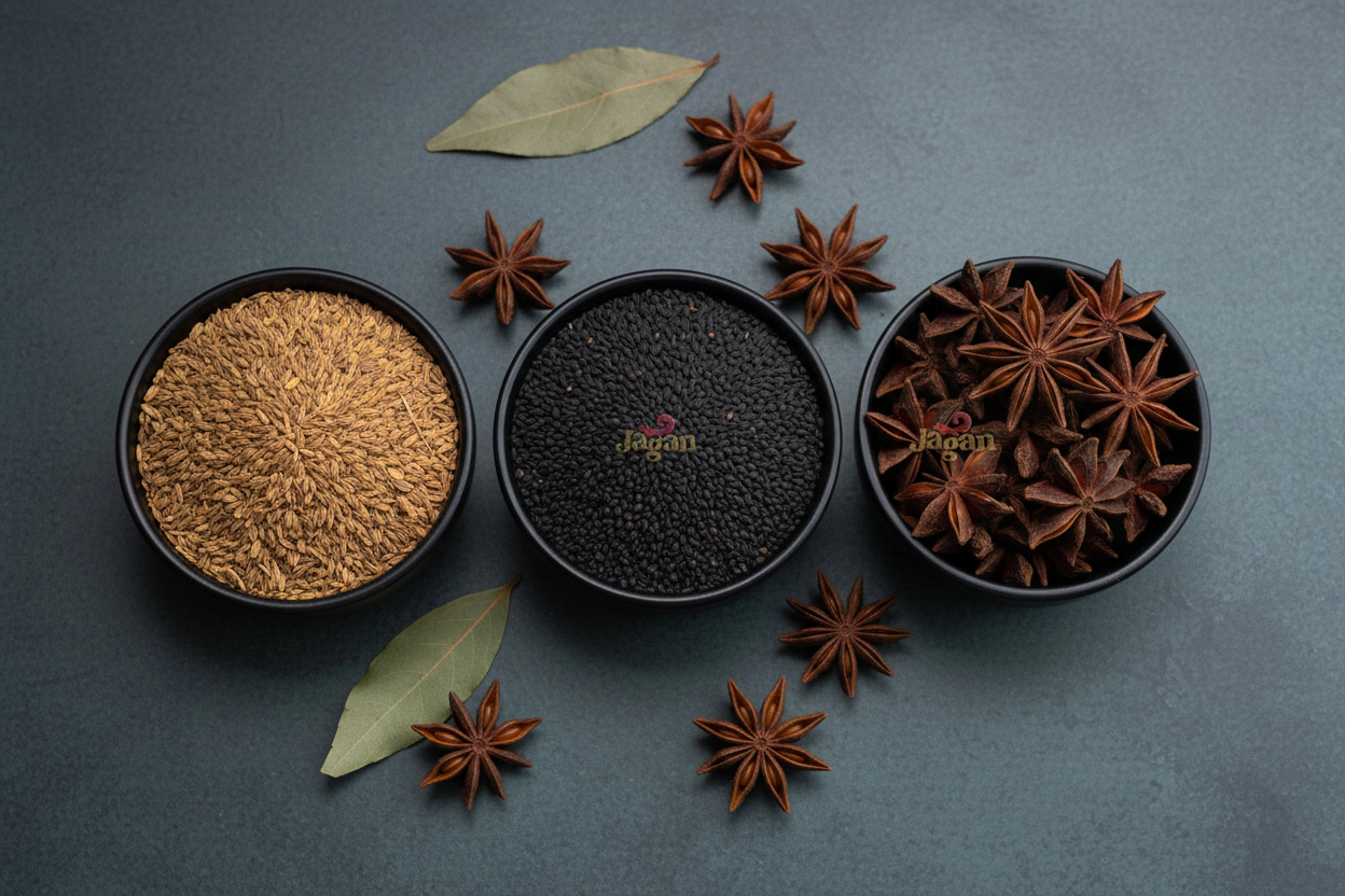 Premium Indian spices flatlay — Ajwain (Omam), Kalonji and Star Anise (Annasi Poo) in dark bowls | Jagan Dry Fruits Chennai