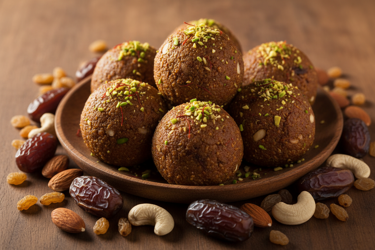 Homemade Dry Fruit Ladoo made with premium almonds, cashews, Safawi dates and pistachios - healthy no-sugar Indian sweet recipe by JAGAN DRY FRUITS Chennai