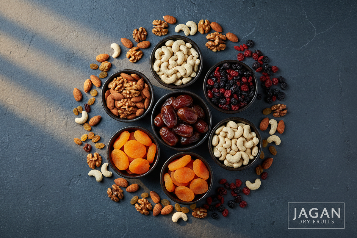 Premium dry fruits flatlay — almonds, walnuts, cashews, raisins, dates, dried apricots and mixed berries arranged in dark bowls on a slate surface | Jagan Dry Fruits Chennai