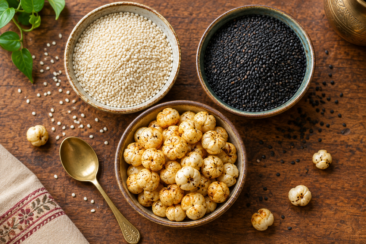 White sesame, black sesame and roasted makhana in rustic bowls