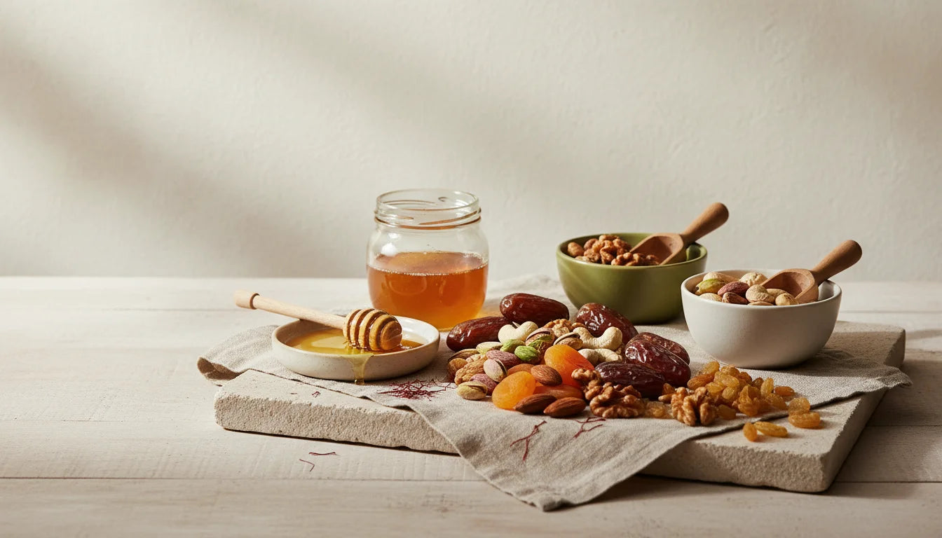 A styled still life of dried fruits and nuts with a glass jar of honey on a wooden board. The arrangement includes dates, almonds, walnuts, cashews, and dried apricots on a linen cloth, with a honey dipper resting in a small dish of honey.