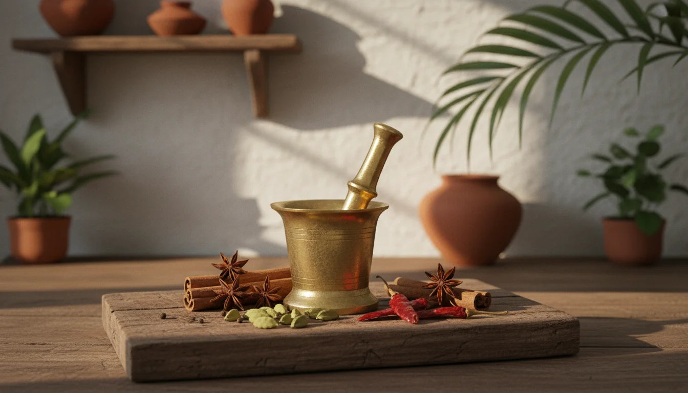 A brass mortar and pestle set on a wooden cutting board with spices, surrounded by potted plants and terracotta pots in a warm, sunlit room. Cardamom Star Anise Cinnamon Pepper Cumin
