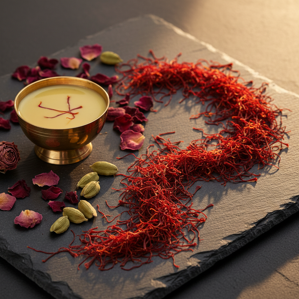 Premium Kashmiri Saffron threads on dark slate with brass bowl and rose petals - lifestyle shot
