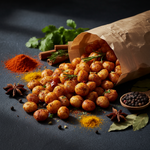 Roasted flavoured makhana fox nuts spilling from kraft bag on dark slate - lifestyle shot